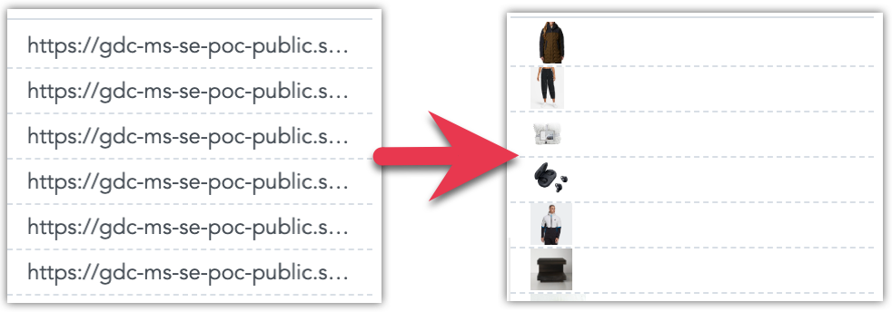 Two screenshots showing the same part of the repeater, one showing data as string URLs, the other one showing the images being displayed directly.