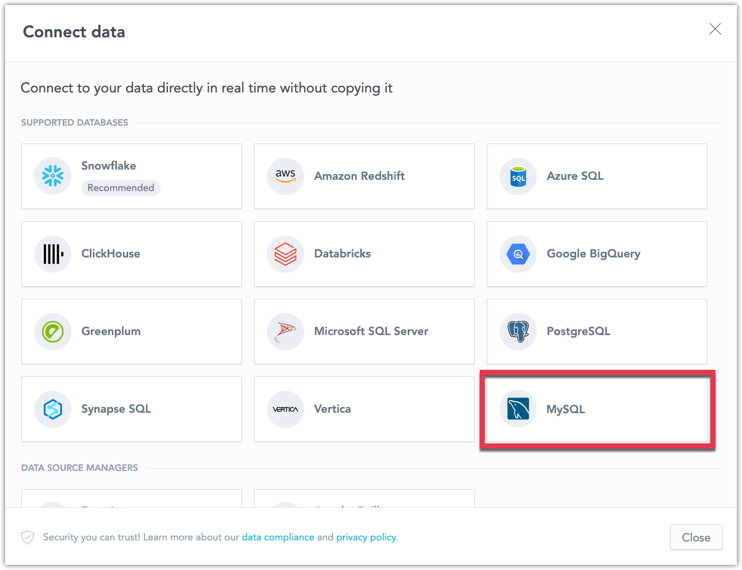 select data source type