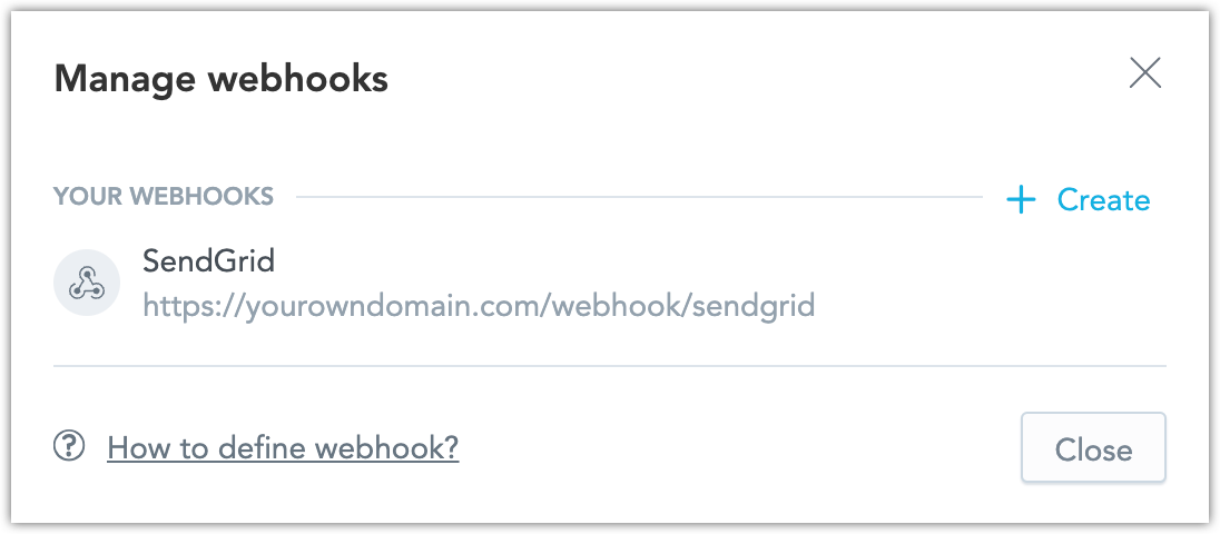 Screenshot of the Manage webhooks dialog, showing the newly created webhook listed there.