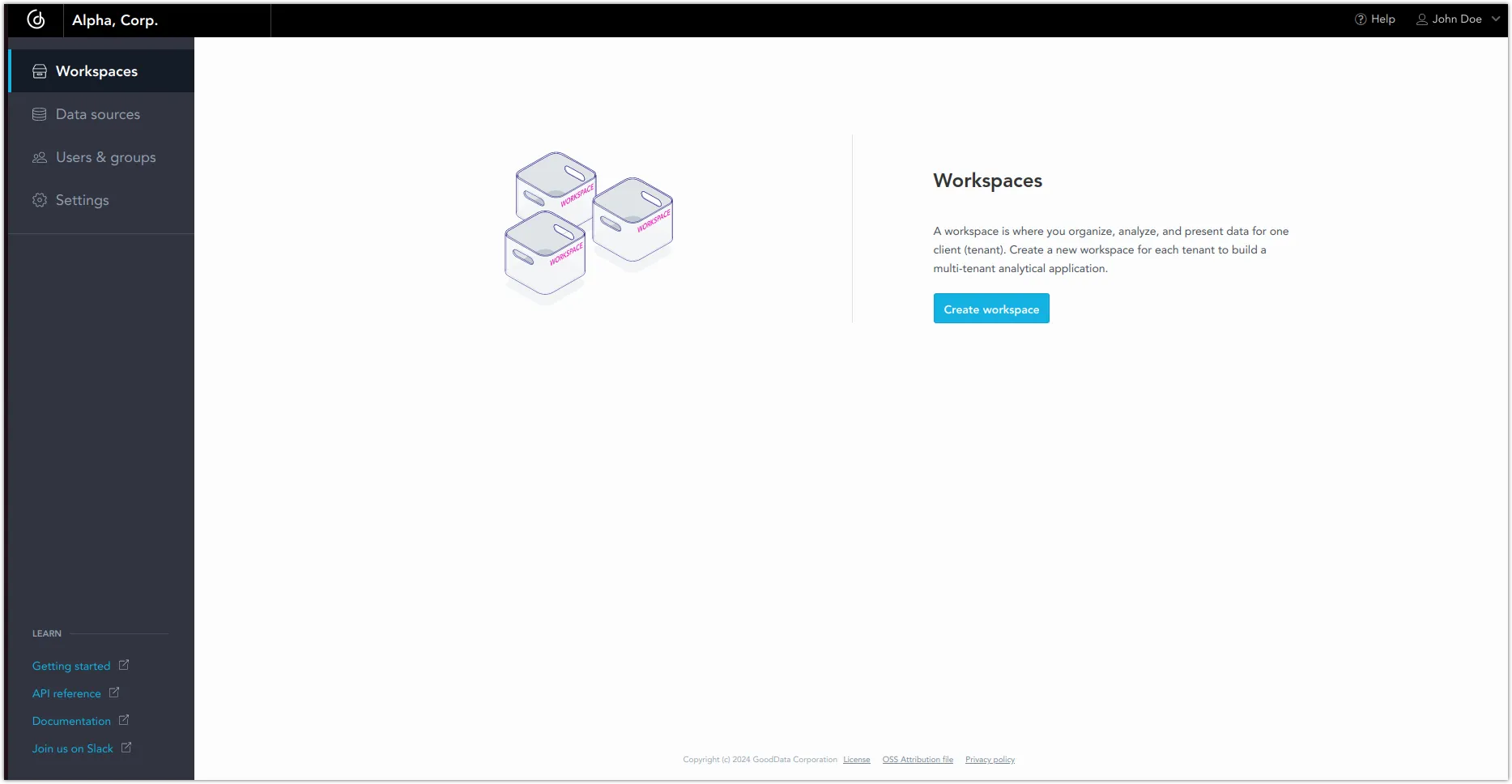 Screenshot of the workspace page after logging in