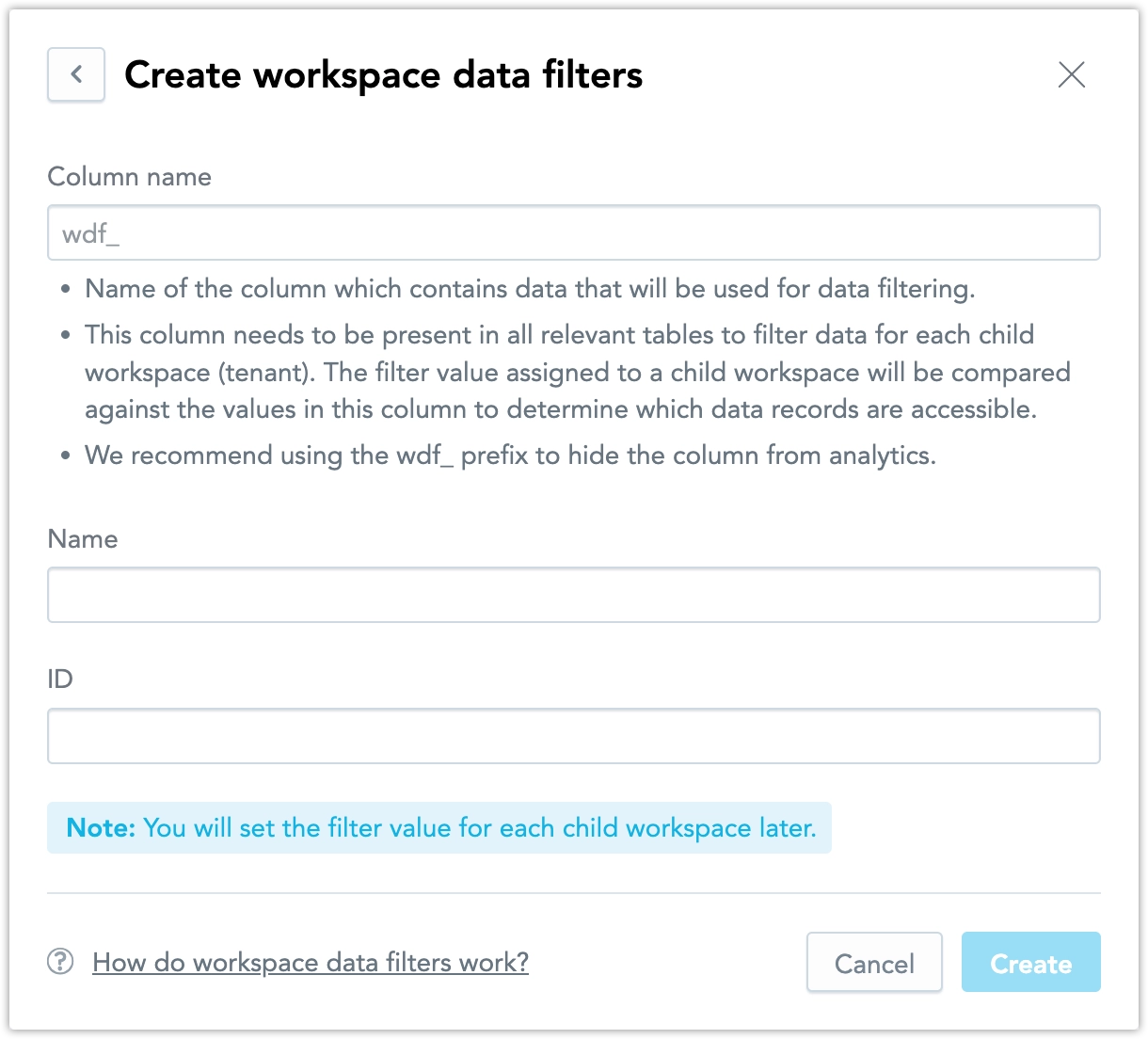 Workspace Data Filter creation dialog